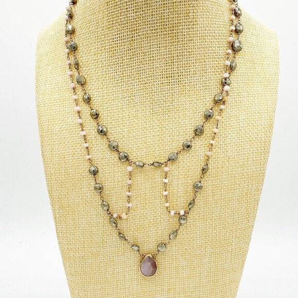 Ela Rae Cleo Caged Necklace Pink Opal Pyrite Coin 14K Plated Sterling - Picture 3 of 6